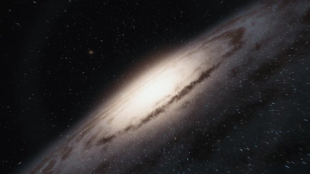 Camera on spaceship flies at the speed of light through a galaxy in space. Billions of stars in the Milky Way or Andromeda galaxy