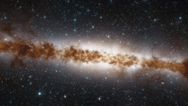 Camera on spaceship flies at the speed of light through a galaxy in space. Billions of stars in the Milky Way or Andromeda galaxy