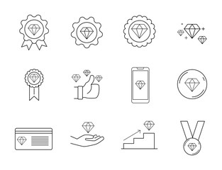 set icon of outline diamond, included icon as member, Exclusive, badge, high level, diamond with hands and more.