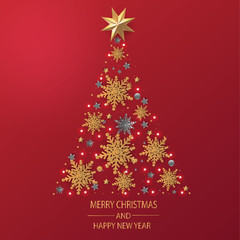Merry Christmas and Happy New Year. Christmas greeting card in red background made by snowflakes with decoration.