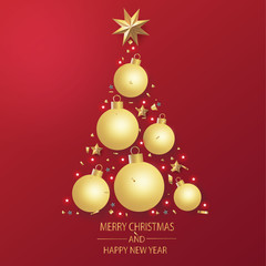 Merry Christmas and Happy New Year. Christmas greeting card in red background made by Christmas balls with decoration.