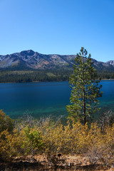 Vertical photo of mountains in the background and a mountain lake with fall colors in the foreground