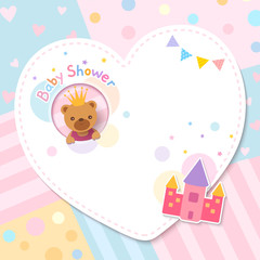 Baby shower card with bear and castle on heart frame and pastel background.