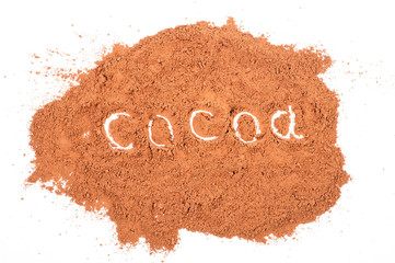 Pile cocoa powder on white background