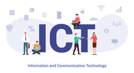 ict information and communication technology concept with big word or text and team people with modern flat style - vector - obrazy, fototapety, plakaty