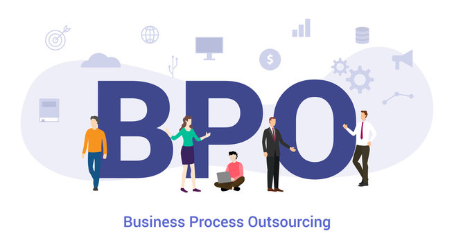 bpo business process outsourcing concept with big word or text and team people with modern flat style - vector