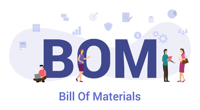 bom bill of materials concept with big word or text and team people with modern flat style - vector