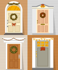 Entrance doors of cottages, country houses, suburban homes decorated with Christmas wreaths, garlands, bows. Set of front doors. Vector illustration.