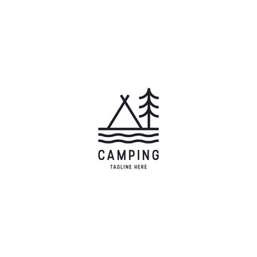 Outdoor Logo of Camping And Adventure. Travel, Vacation, Forest, Line art, Retro Vector Illustration
