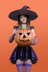 ハロウィンのかぼちゃを持ったかわいい魔女
