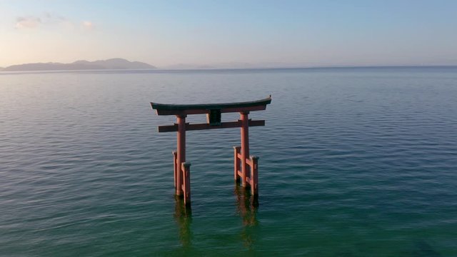 Aerial of torii gate on Lake Biwa