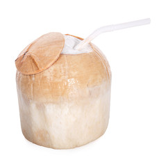 Fresh green coconut with straw ready to drinking isolated on white background,