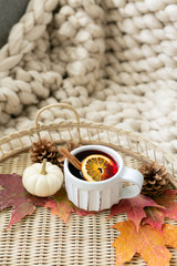 Fototapeta na wymiar Spiced cider with orange and cinnamon on woven tray with maple fall leaves, pinecones, and pumpkin, cozy chunky knit blanket