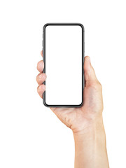 Isolated close up hand holding smartphone with blank screen on white background.