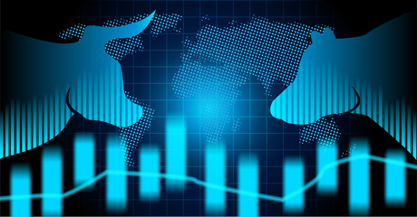 Stock market and exchange of world. Bull Market Vs. Bear Market . Candle stick graph chart of stock market investment trading. blue background. Vector.