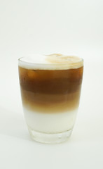 cold coffee with layer of milk and coffee on white background