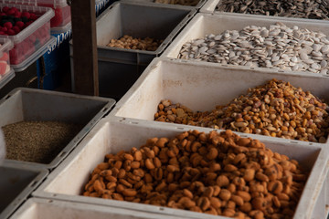 Pumpkin seeds and nuts for snack, in a street market