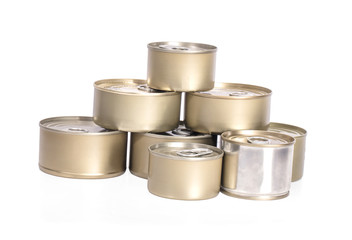 empty tin cans on white background