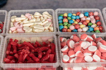 Different types of jelly beans, in a street market