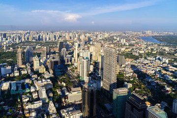 Fototapeta na wymiar The Metropolitan Bangkok City - Aerial view urban tower Bangkok city Thailand on April 2019 , blue sky background , Cityscape Thailand