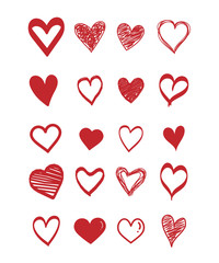 Set of scribble red hearts icon. Collection of heart shapes draw the hand. Symbol of love. Design elements for Valentine's Day card. Vector hearts. Doodle. Vector illustration.