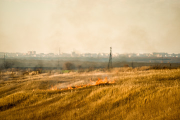 Fototapeta na wymiar Fire and smoke, dry grass burns on a hillside. Hot autumn