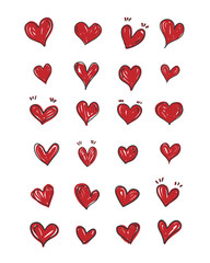 Set of red hearts hand drawn. Cartoon style. Symbol of love.