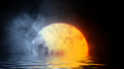 Abstract fire moon and clouds with reflection in water . Mystery smoke , fog on night backdround