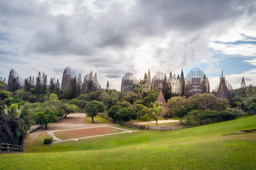 Panoramic View of Tjibaou Cultural Centre made mainly of ten ribbed structures made of steel and Iroko wood, inspired by the form of traditional Kanak huts in New Caledonia.