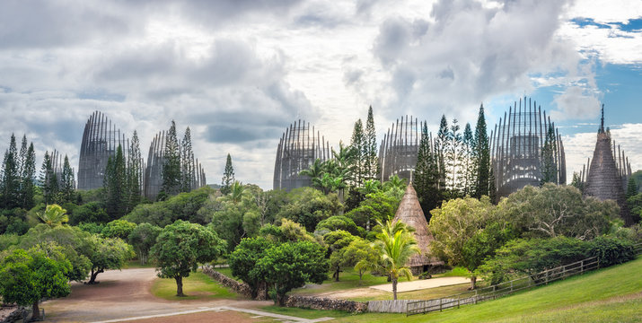 Tjibaou Cultural Centre, the Kanak native museum, made mainly of ten ribbed structures made of steel and Iroko wood, inspired by the traditional Kanak huts, in Noumea, New Caledonia..