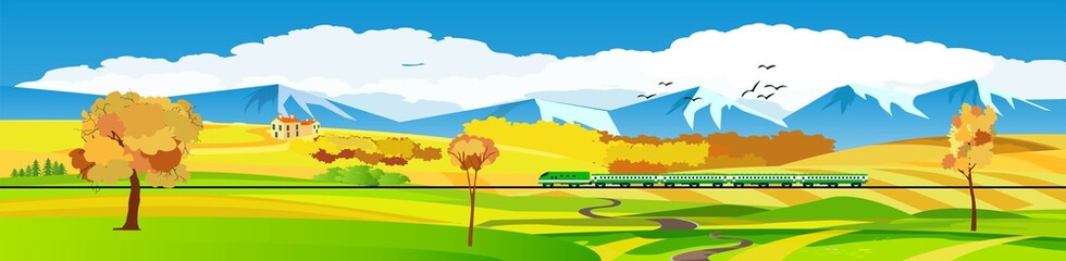 Flat vector illustration of countryside landscape golden hills view, the mountains ,in background. Banner horizontal panorama.