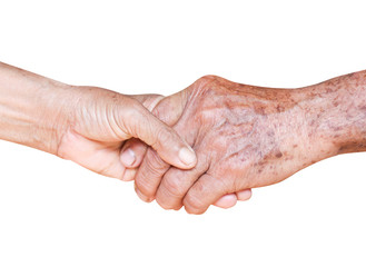 Asian old man and woman shaking hands  isolated on white background with clipping path