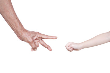 Grandmother hand and little asian girl grandchild playing rock paper ,scissors isolated on white...