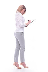 in full growth. young business woman with clipboard