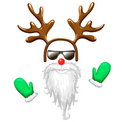hipster santa face mask in sunglasses with antlers headband red nose long beard and mittens. Christmas costume clipart isolated on white. cool and funny xmas character illustration. photo booth.