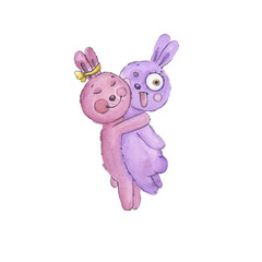 hares love couple hugs pink watercolor