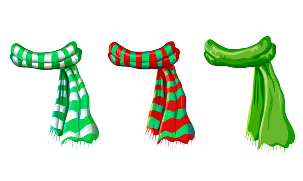 winter green scarf collection isolated on white background. illustration of red, green white striped scarves. christmas or holiday wool muffler icon set - winter warming clothes in cartoon style