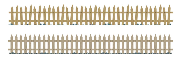 Wooden repeating fence in natural colors. Gate made of wood with different tree elements. Realistic vector illustration.
