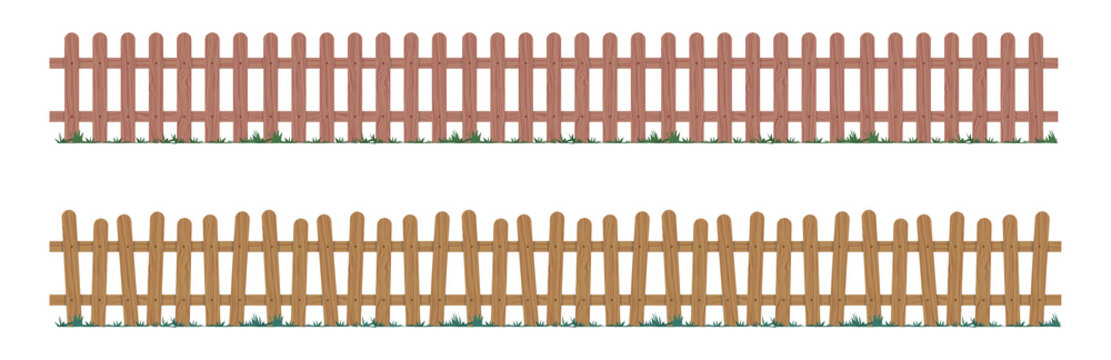 Wooden repeating fence in natural colors. Gate made of wood with different tree elements. Realistic vector illustration.