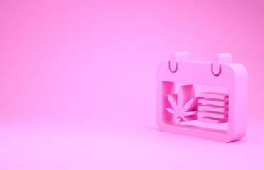 Pink Calendar and marijuana or cannabis leaf icon isolated on pink background. National weed day. Hemp symbol. Minimalism concept. 3d illustration 3D render