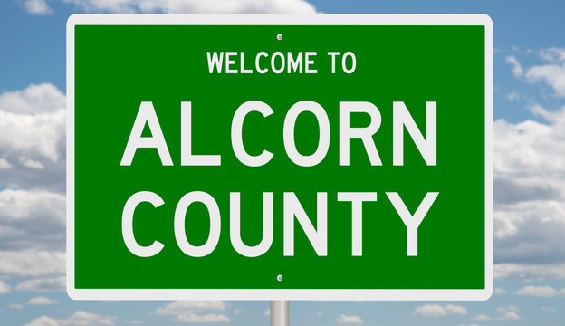 Rendering of a green 3d highway sign for Alcorn County