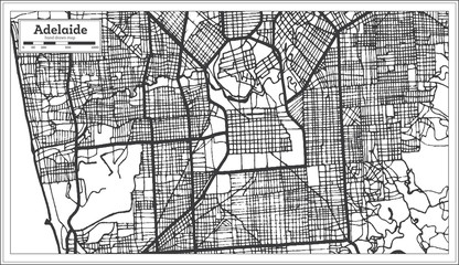 Adelaide Australia City Map in Black and White Color. Outline Map.