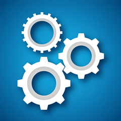 3D gear icons on blue background.