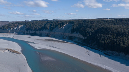 Aerial view of beautiful blue stream in Rakaia Gorge,New Zealand.