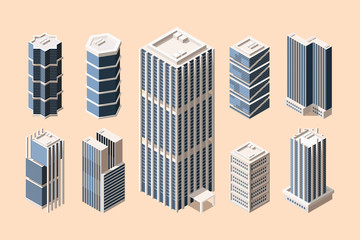 High rise buildings isometric vector illustrations set