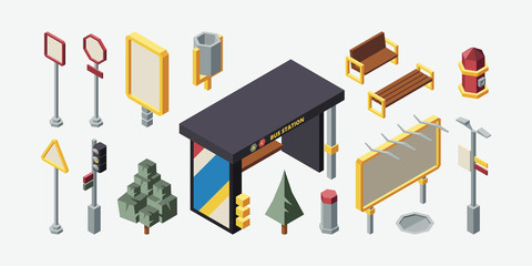 City bus stop 3d isometric vector set © alex_cardo