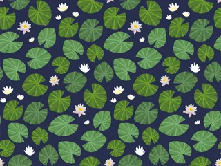 Foto op Canvas Seamless vector pattern with water lilies and white Lotus flowers on dark background in hand drawn style. Fashionable print for design, interior, fabrics. Collection of floral prints. © Diana  Sityaeva 