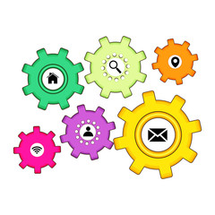 Colorful cogwheel infographics with web symbols.