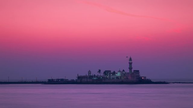 Zooming Out Footage of Mumbai's Famous Haji Ali Dargah during a Beautiful Colorful Sunset