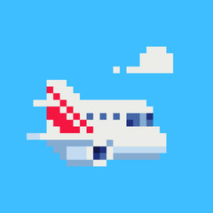 Airplane in the sky pixel art vector illustration, design for travel company logo, sticker, mobile app. Game assets 8-bit sprite.